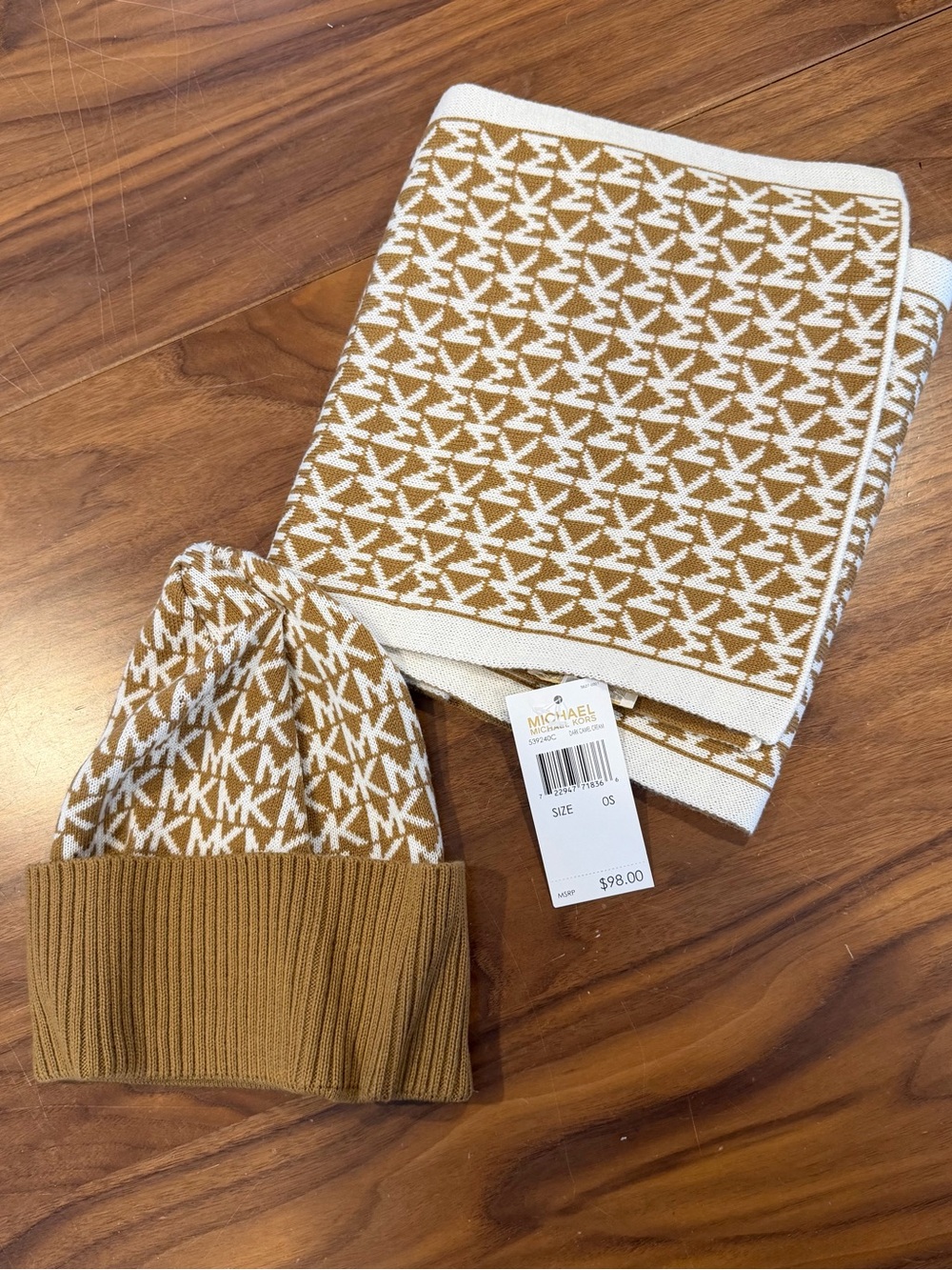 Michael Kors Camel & White MK Logo Knit Beanie and Scarf Set